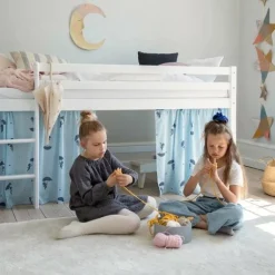 Discount ECO Comfort halvhøj seng hvid, med forhæng blå Børn Pakkeløsninger|Juniorsenge