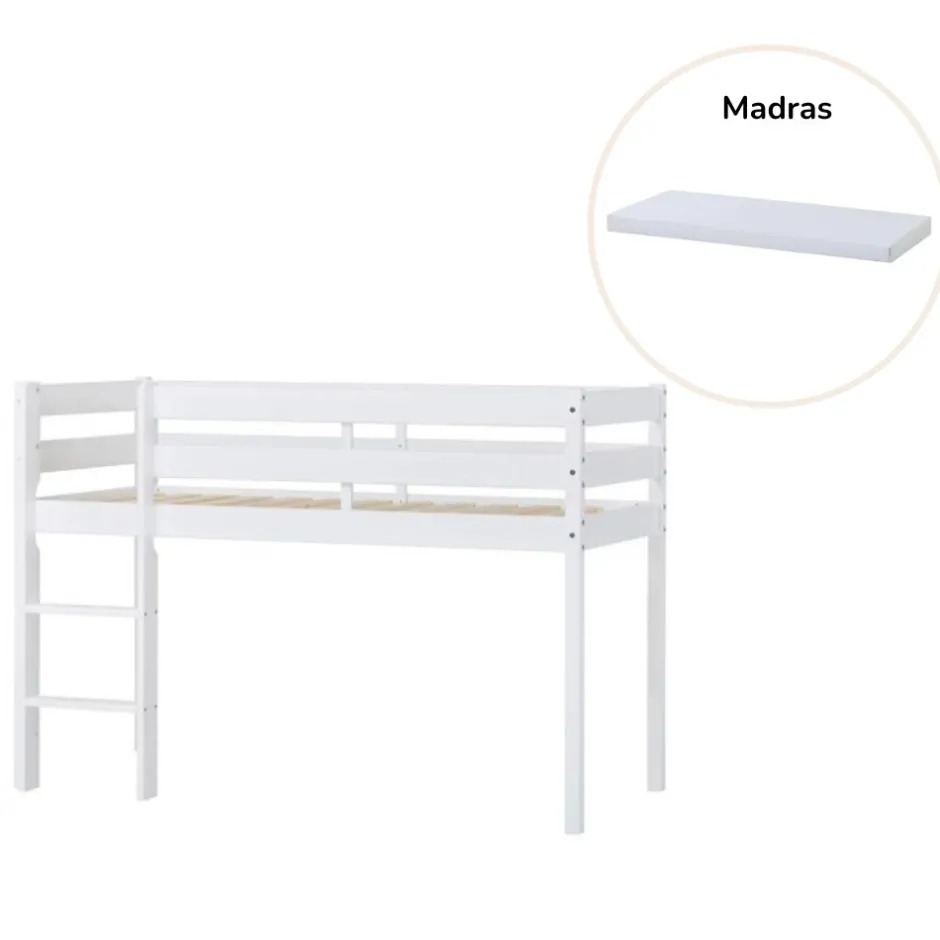 Discount ECO Comfort halvhøj seng med madras 70x160 cm. - hvid Børn Juniorsenge