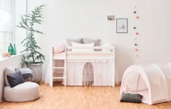 Best ECO Dream Halvhøj seng (delbar) hvid 70x160, med forhæng blå Børn Pakkeløsninger|Juniorsenge