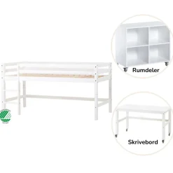 Best ECO Dream Halvhøj seng (delbar) hvid, med rumdeler og skrivebord Børn Pakkeløsninger|Reoler