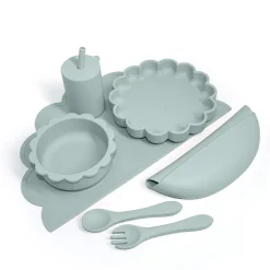 New Komplet spisesæt i silikone, støvet blå, 7 dele Service