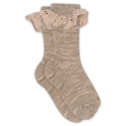 Online Lea strømpe med blonde - Light Brown Melange Strømper|Uldstrømper & Uldstrømpebukser