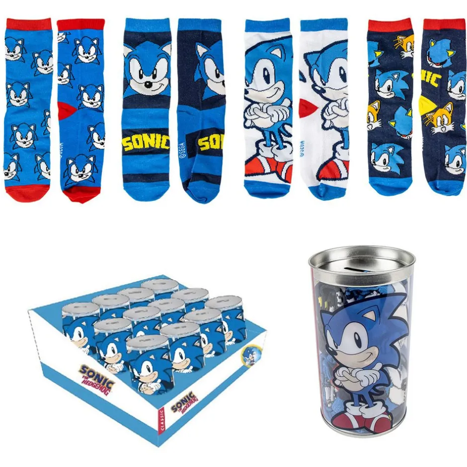 Best 4-pak strømper i sparegris - Sonic - BLÅ Strømper|Multipack