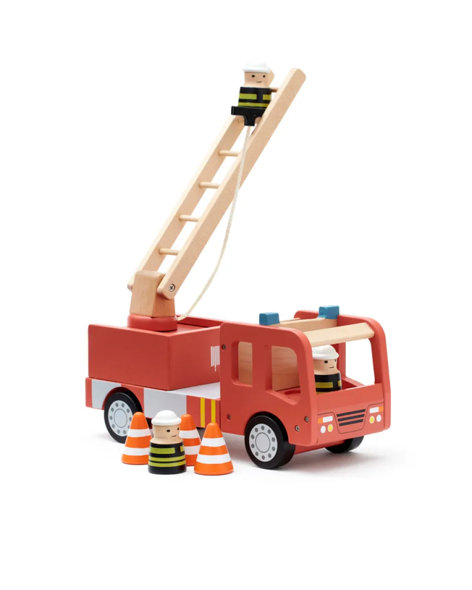 Online Rød Brandbil i træ med 3 brandmænd Legetøjsbiler